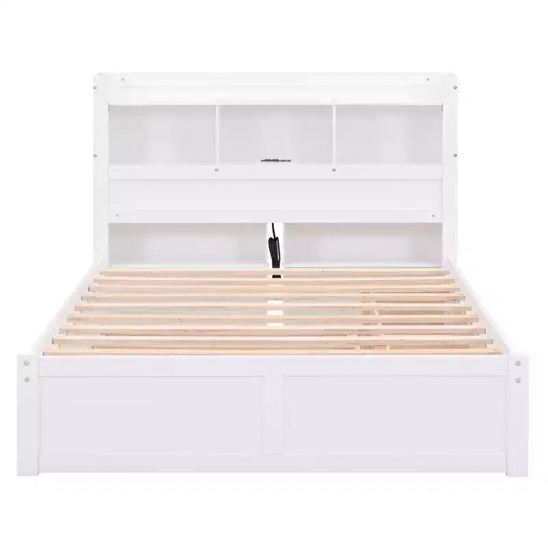 Eenpersoons platformbed met opbergruimte, uitschuifbed, boekenkasthoofdbord en oplaadstation, houten bedframe met planken en laden