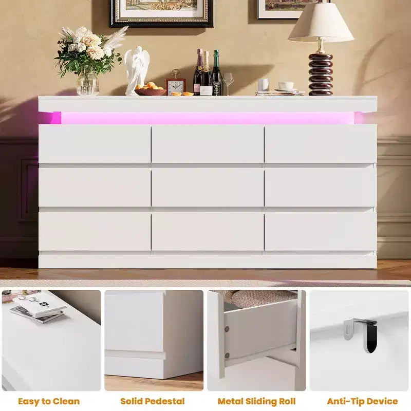Kommode mit 9 Schubladen fürs Schlafzimmer, Schubladenschrank mit Ladestation und LED-Leuchten, doppelter Holzschrank zur Aufbewahrung, moderne Kommode und TV-Ständer
