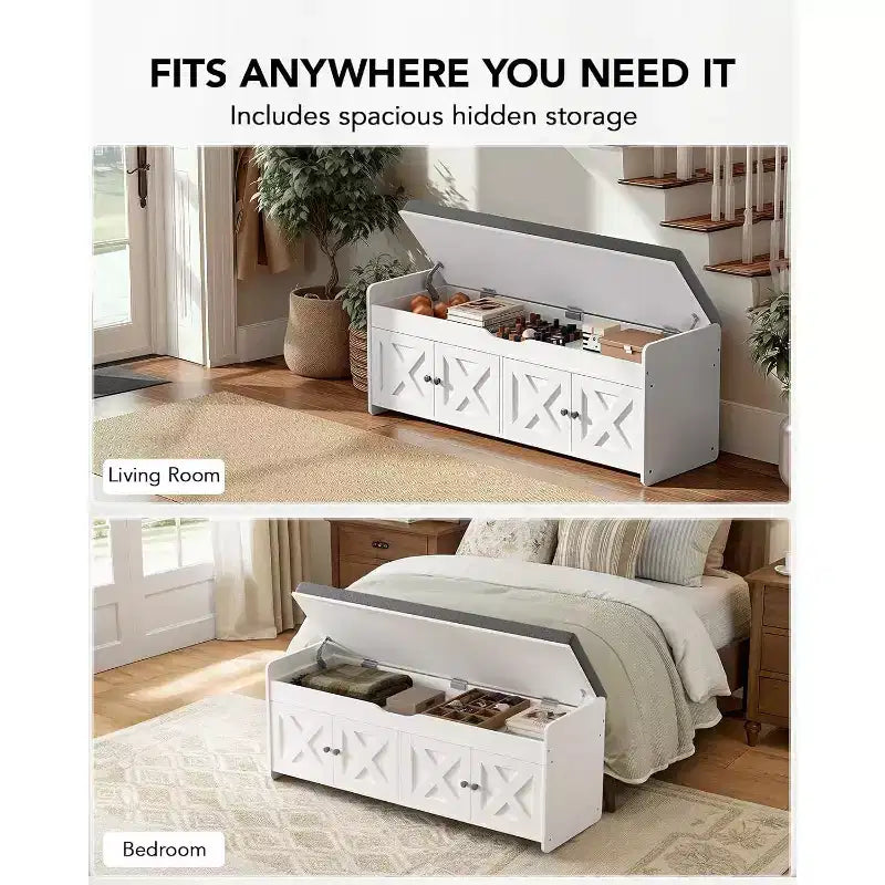Shoe Storage Bench, 47.2 In Long Entryway Bench with Cushioned Seat Lift Top Storage, 4 Doors, 300 lbs Capacity, Bench with Shoe Rack for Entryway
