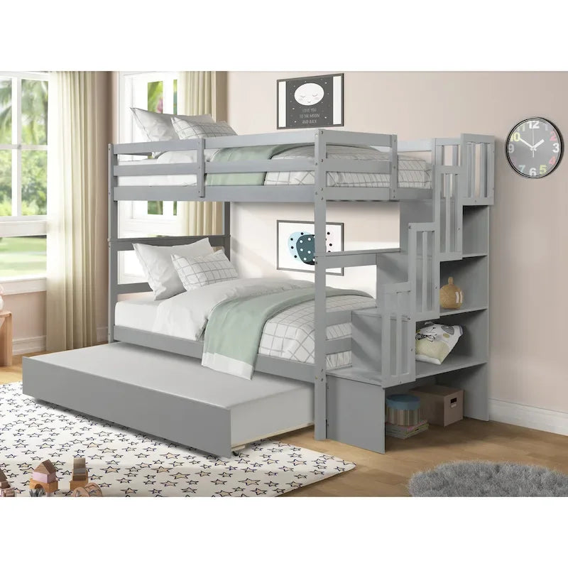 Letto a castello singolo su singolo con letto estraibile singolo e vano portaoggetti integrato nella scala, colore grigio