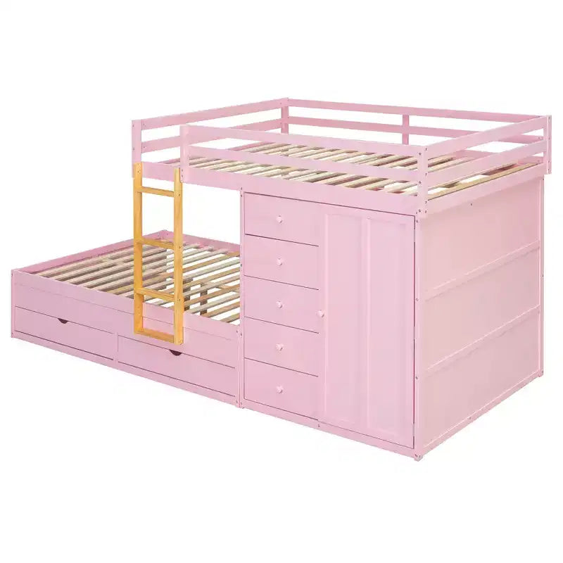 Full over Full Bunk Bed with Storage Wardrobe and Drawers, Full Size Wood Space-Saving Bunk Bed with Guardrail for Apartment, Bedroom
