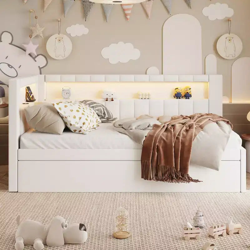 Daybed in Twin-/Full-Größe mit Ausziehbett und L-förmigem Bücherregal-Kopfteil, weiches Eckbett mit Leinenpolsterung, Ablagefächern und LED-Band