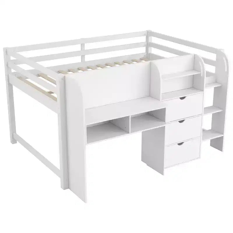 Pink/White Low Loft Bed with Desk, Storage & Whiteboard – Twin, 1-Person
