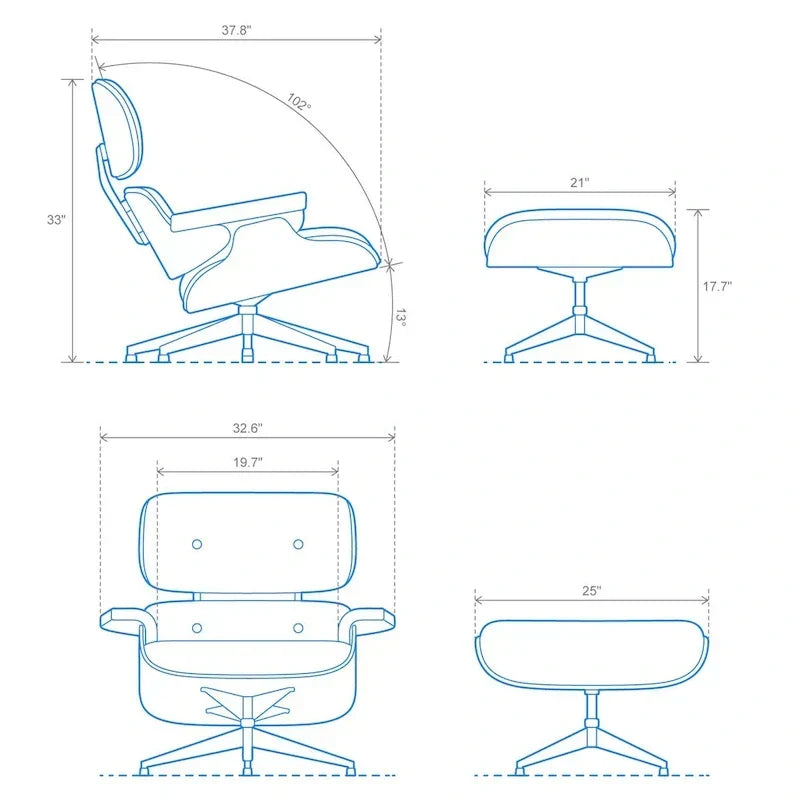 Fauteuil d’appoint et pouf Furgle en cuir véritable, bois de noyer