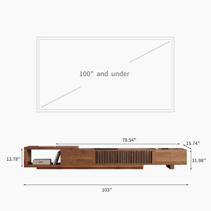 Meuble TV moderne rétractable et extensible avec 4 tiroirs, jusqu’à 103 pouces – 78.54P x 15.74L x 13.78H