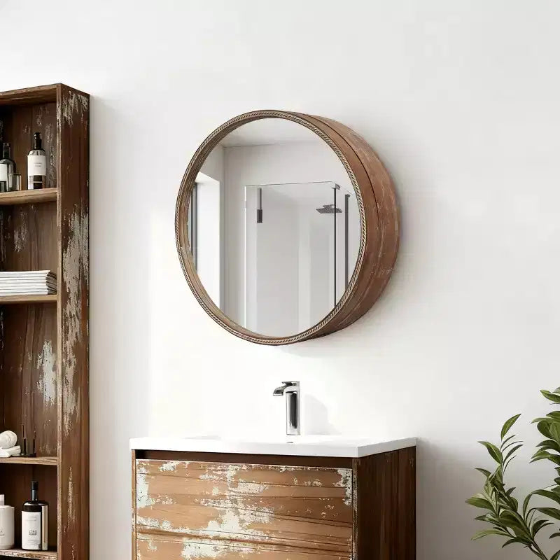 23.6 Modern Sliding Round Wall Mirror with Storage, Space-Saving Vanity Mirror for Bathroom, Accent Mirror for Living Room