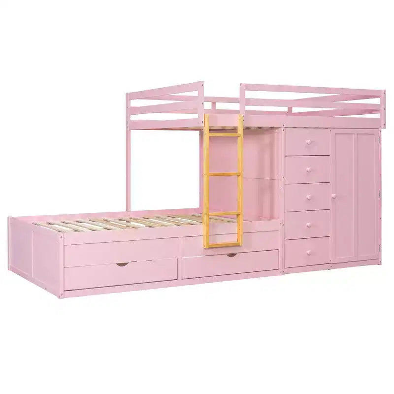 Full over Full Bunk Bed with Storage Wardrobe and Drawers, Full Size Wood Space-Saving Bunk Bed with Guardrail for Apartment, Bedroom