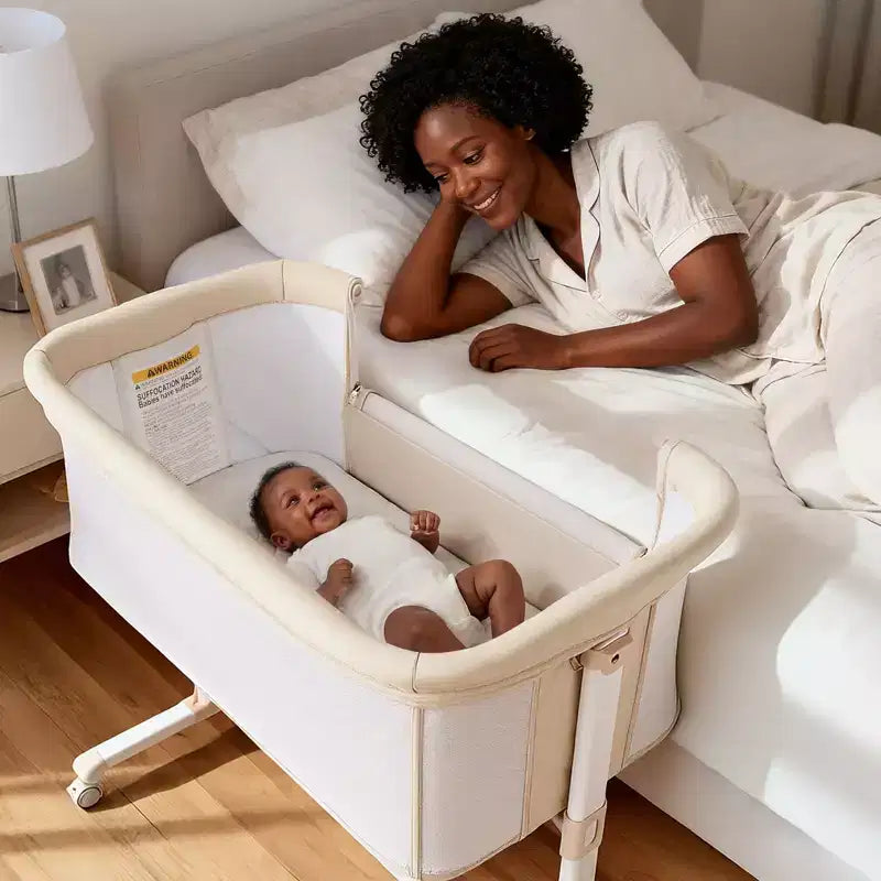 Babywiegje met wielen – beige / grijs / roze, wiegje naast het bed, voor 1 baby