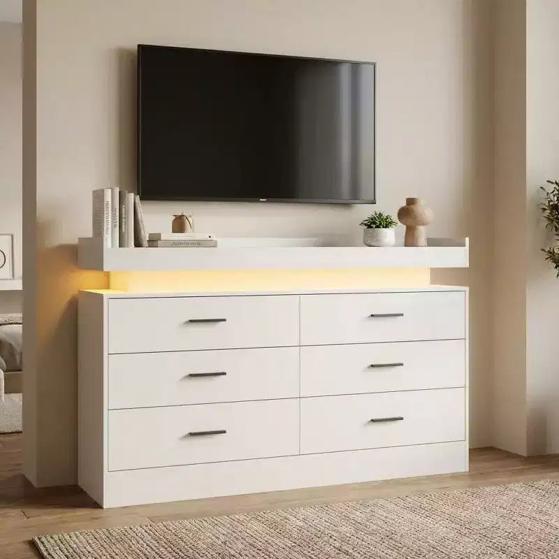Moderne tv-meubel met 6 laden en ledverlichting, zwevend aanrechtblad en koffiebar voor entertainment in de woonkamer
