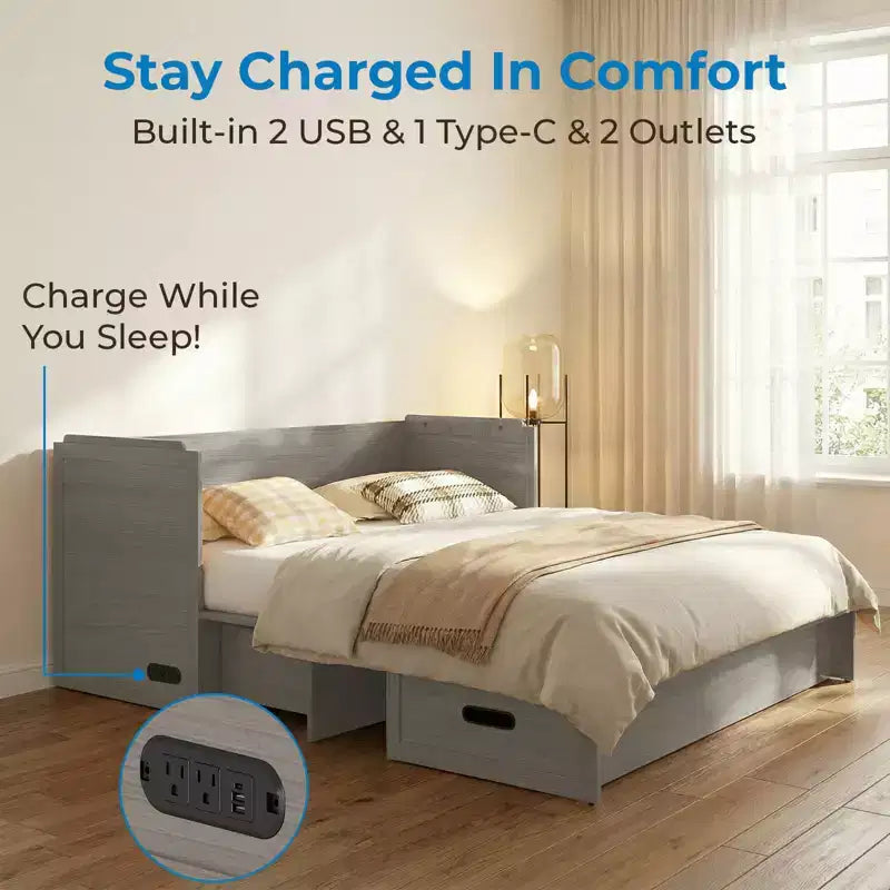 Mjkone Queen Size Convertible Murphy Cabinet Bed with Mattress, USB Charging, Storage Drawers