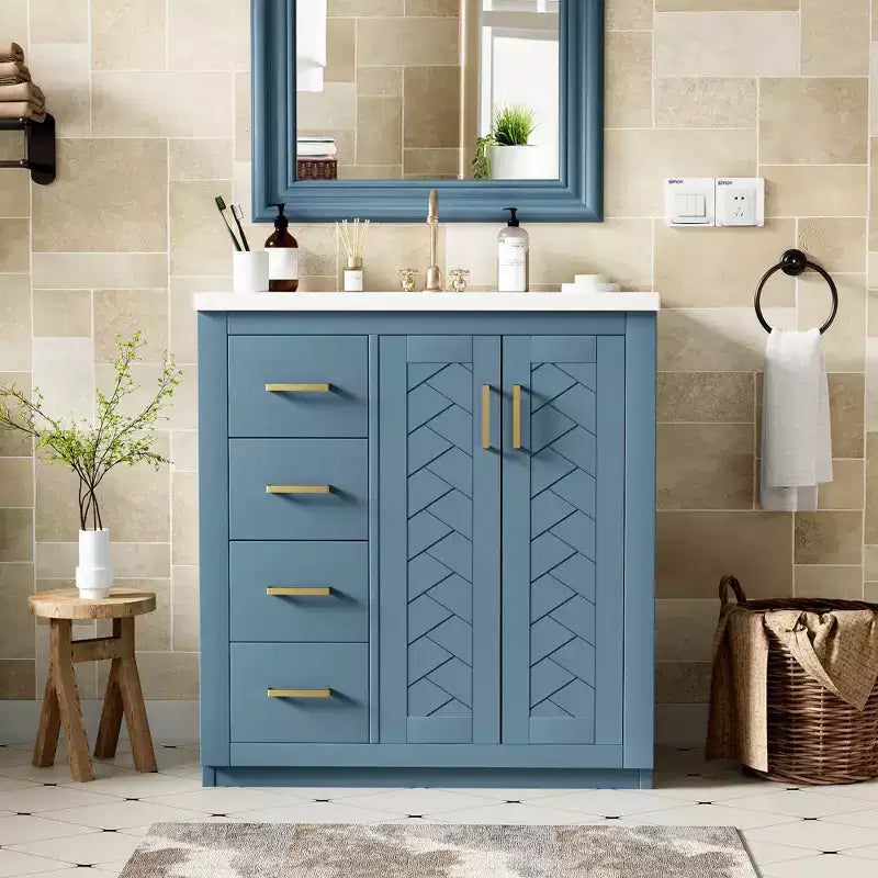30-Zoll-Badezimmer-Waschtisch mit einem Waschbecken, Schrank und 3 Schubladen – Schwarz / Blau / Grün / Indigo / Weiß