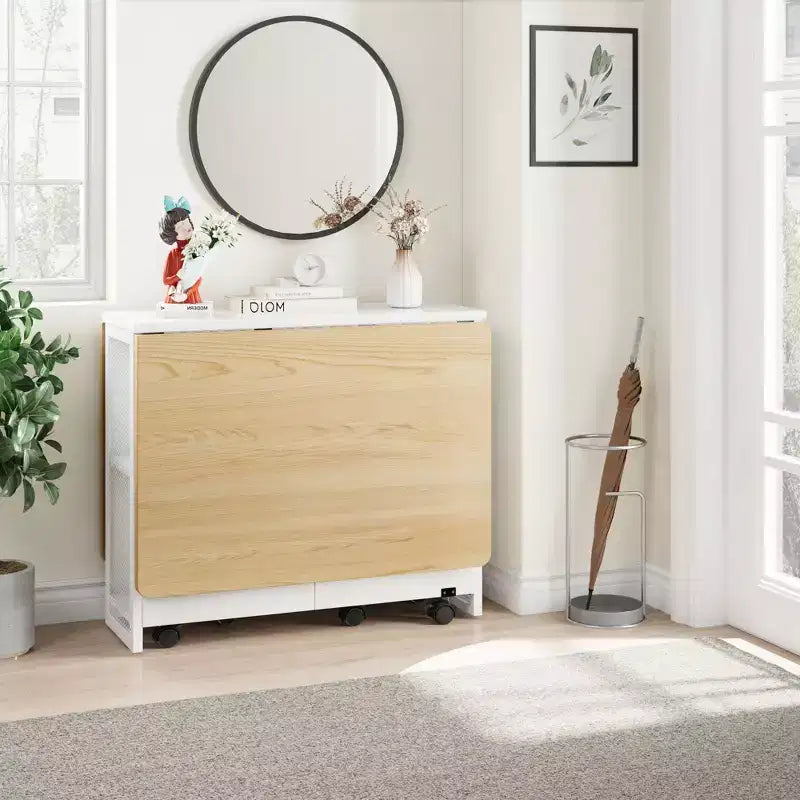 Inklapbare eettafel voor de keuken, ruimtebesparende eettafel, uitschuifbare keukentafel met neerklapbaar blad en 6 wielen voor kleine ruimtes
