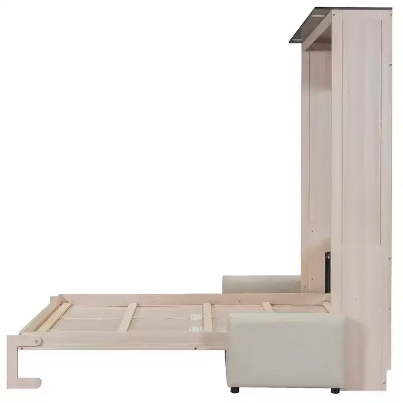 Murphy-bed in queensize met bank, houten kastbed in queensize met ledverlichting, opklapbaar wandbed voor de logeerkamer, beige
