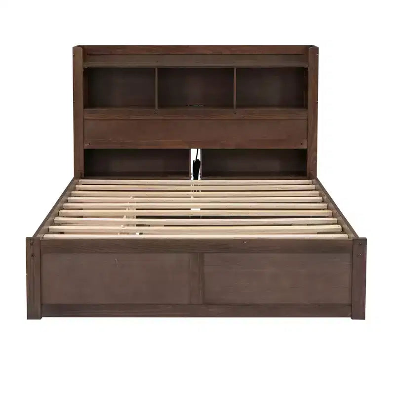 Eenpersoons platformbed met opbergruimte, uitschuifbed, boekenkasthoofdbord en oplaadstation, houten bedframe met planken en laden
