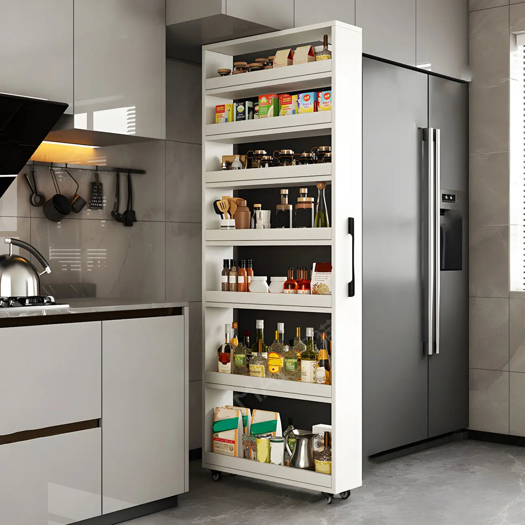 Buffet moderne en bois avec étagères ouvertes et roulettes