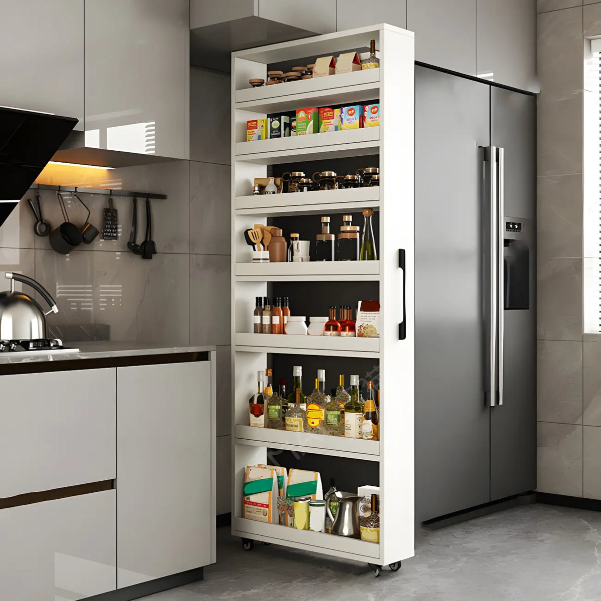 Buffet moderne en bois avec étagères ouvertes et roulettes