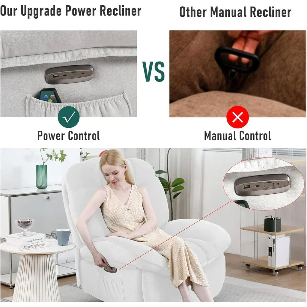 XINMICS draaibare elektrische relaxstoel, massagestoel met schommelstand, verwarming, USB, USB-C en zijvak
