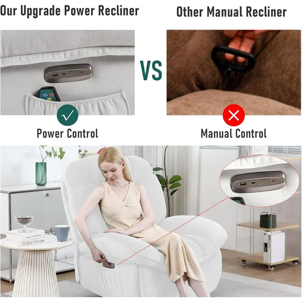 XINMICS draaibare elektrische relaxstoel, massagestoel met schommelstand, verwarming, USB, USB-C en zijvak