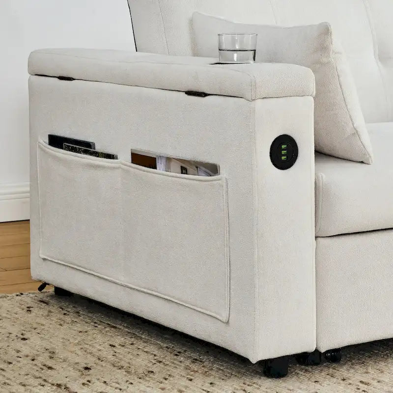 Sofa rozkładana 54, 2-osobowa sofa z funkcją spania i rozkładanymi fotelami, schowkiem, poduszką lędźwiową i gniazdem USB