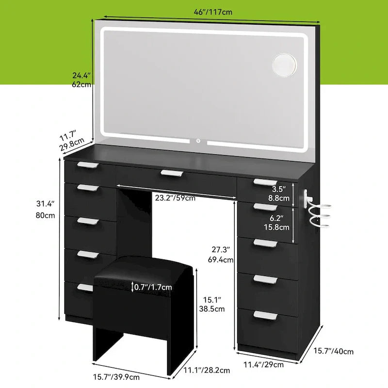 Moasis 46 kaptafel met ingebouwd stopcontact, verlichte spiegel en föhnrek - 55.8 H X 46 W X 11.7 D
