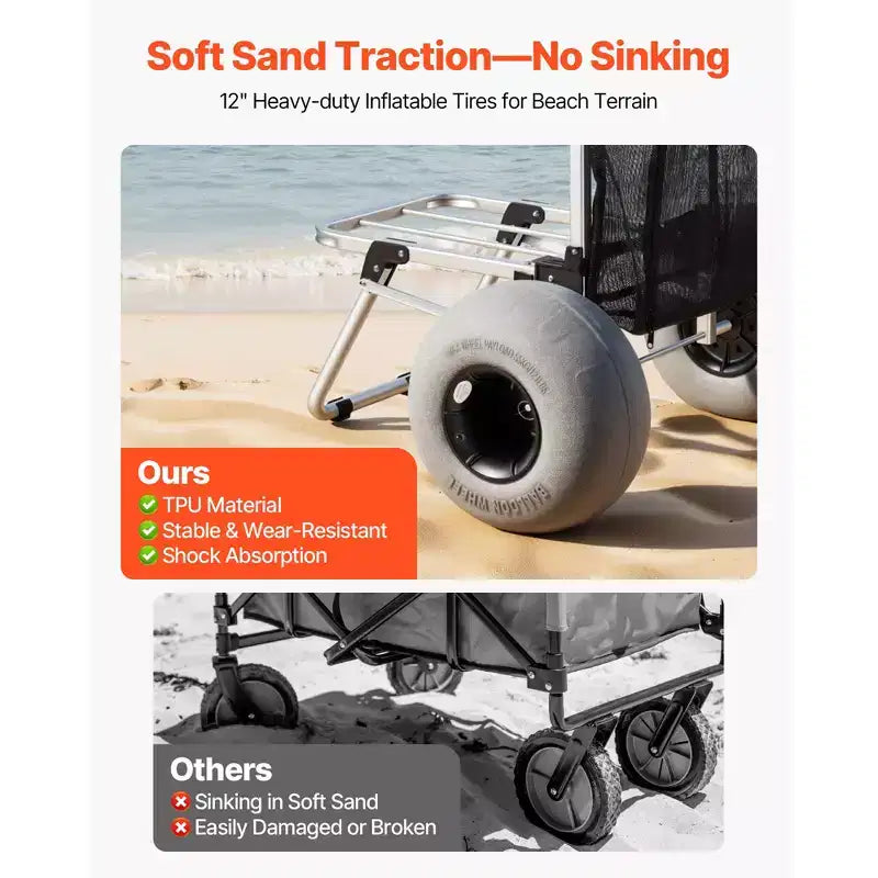 VEVOR Beach Dolly with Big Wheels for Sand, 20 x 15 Cargo Deck, Folding Sand Cart with 12 Balloon Wheels, 165 lbs Loading Capacity, Silver+Black