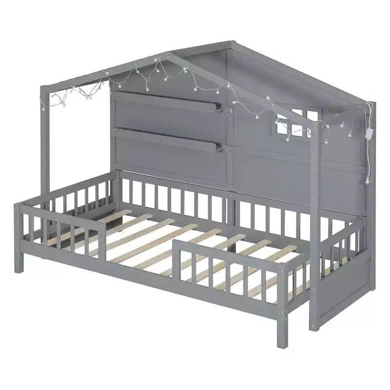 Twin Size House Bed with Storage Shelves and Rails, Wood Kids Montessori Bed Frame with Window and Sparkling Light Strip