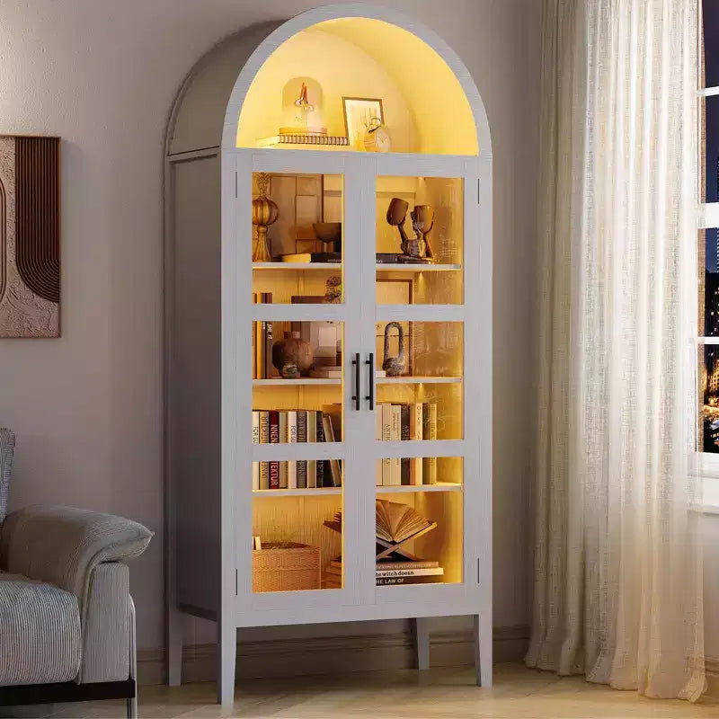 Storage Cabinet, Black/White, Arched Style, Single, 71 Tall with LED Lights & Glass Doors