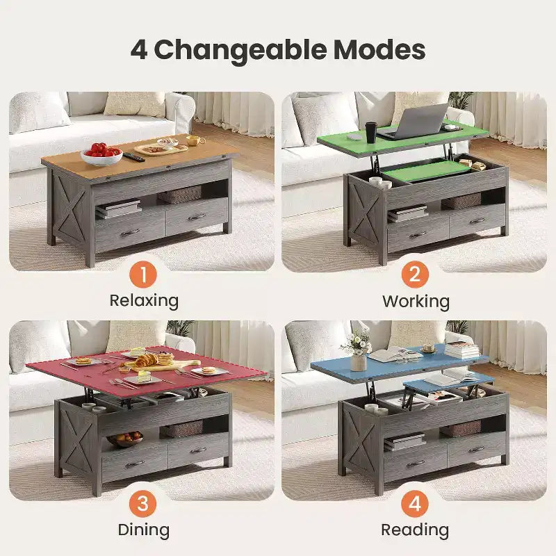 Table basse relevable avec espace de rangement, style ferme, avec deux tiroirs, pour le salon et le bureau à domicile