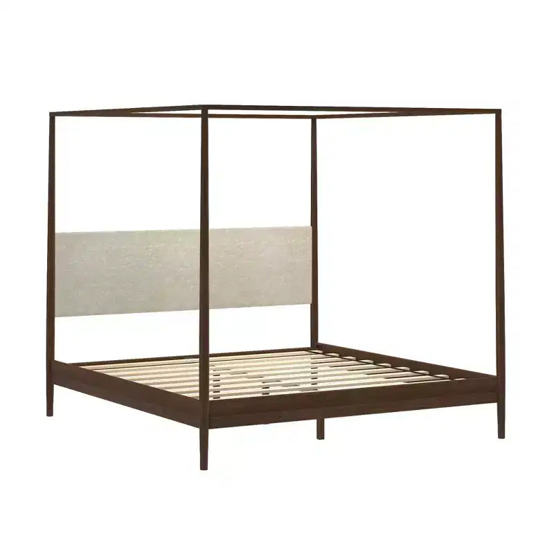 Letto king-size a baldacchino Harbor con testiera imbottita, biondo/Caffè svizzero (MD2411-01)
