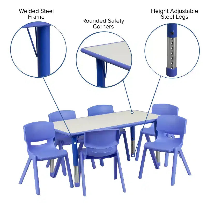Emma and Oliver rechthoekige kunststof activiteitentafelset van 23,625W x 47,25L met verstelbare hoogte en 6 stoelen