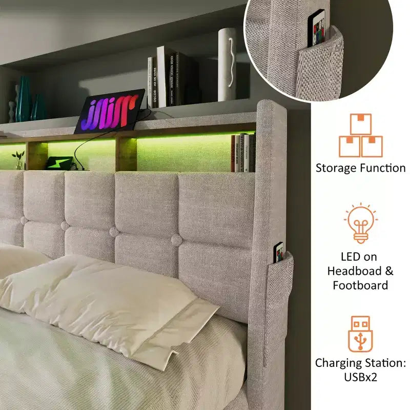 Lit deux places avec rangement hydraulique, LED et USB, tête de lit rembourrée, sans sommier tapissier, montage facile