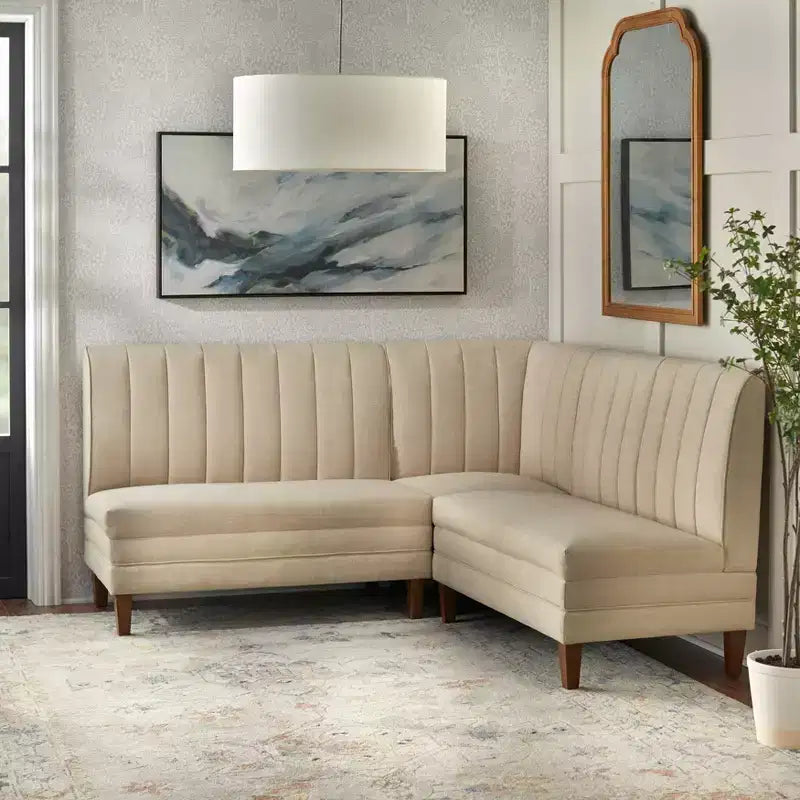 Lifestorey 4-teiliges Kerrington-Bankett-Esszimmer-Set mit Kanalsteppung, Walnuss/Creme: leinenähnlicher Stoff, Säulentisch