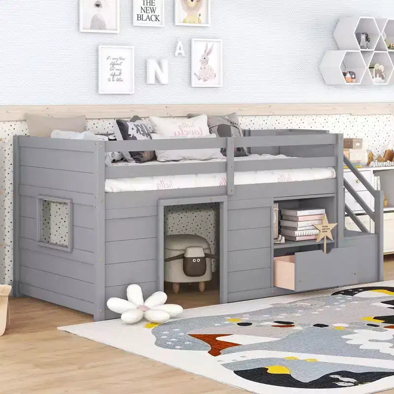 Okak Solid Wood Twin Loft Bed with Stairs & Storage,Low Profile Bunk Beds Twin with Drawers & Shelves,Multi-Functional Loft Beds for Kids,Teens