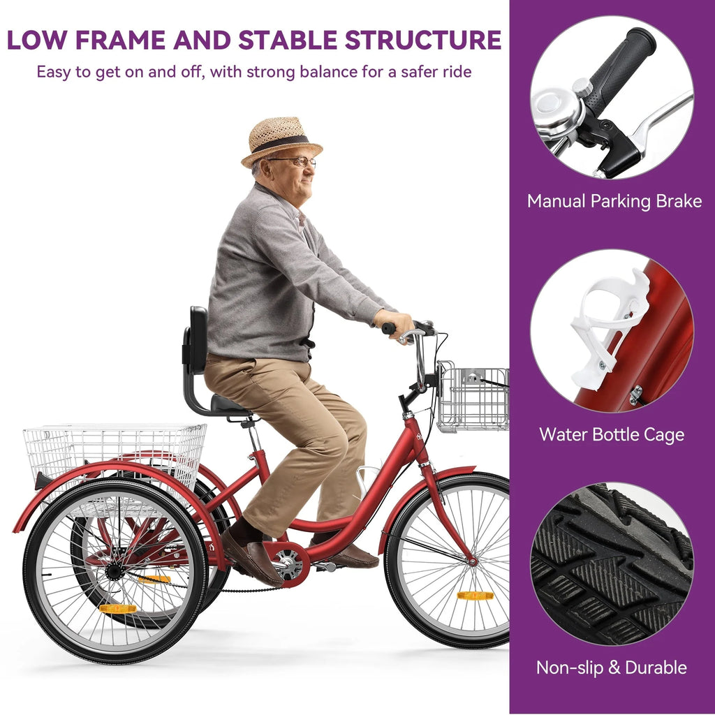 26 Blue Adult Tricycle 3 Wheel Bikes with Removable Baskets