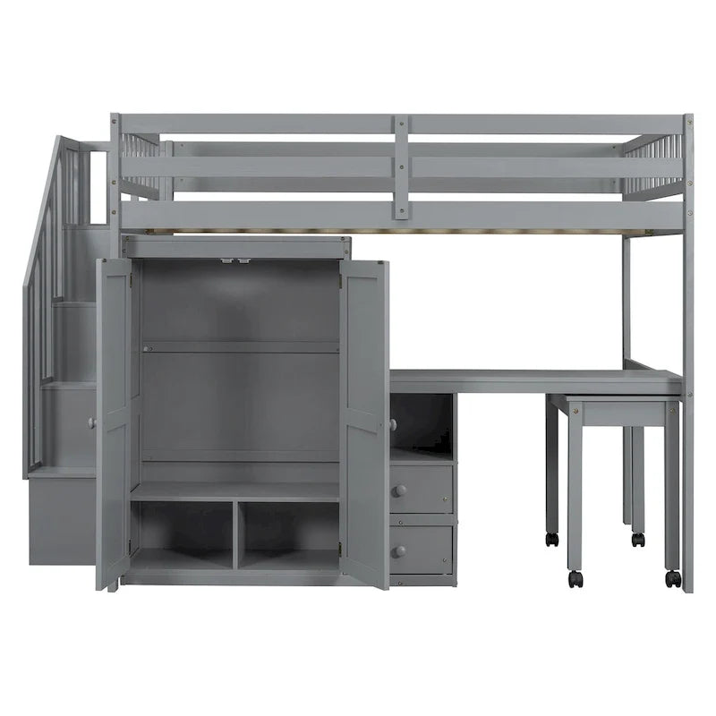 Hochbett in Full-Size mit Treppe, Bücherregal, Schreibtisch und Kleiderschrank – platzsparendes Multifunktionsmöbel für Kinder und Jugendliche – Weiß