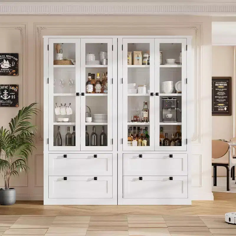 Farmhouse Kitchen Pantry Cabinet with Glass Doors, 72in Storage Cupboard with Drawers and Adjustable Shelves for Dining Room Bathroom Living Room