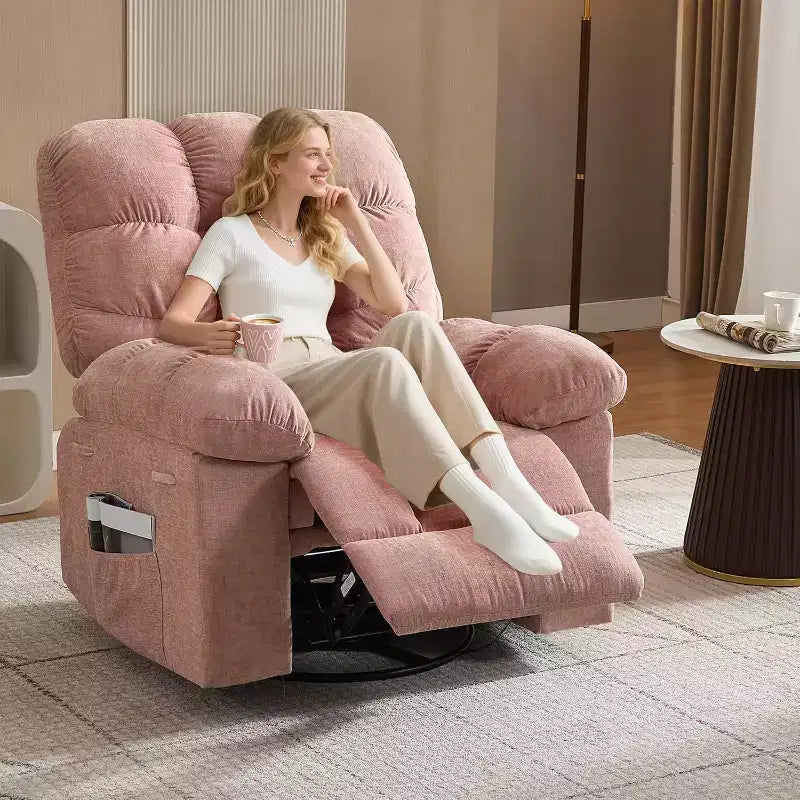 Massagesessel mit Wärmefunktion – um 360° drehbarer Schaukelstuhl, übergroßes Einsitzer-Sofa mit Vibration, USB-Anschlüssen und Aufbewahrungstaschen für Wohnzimmer/Schlafzimmer