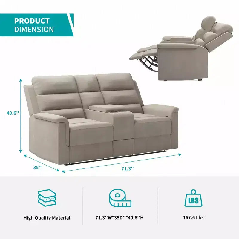 Beige/Gray Tech Fabric Reclining Loveseat Sofa, 2-Seat, Adjustable Backrest & Footrest