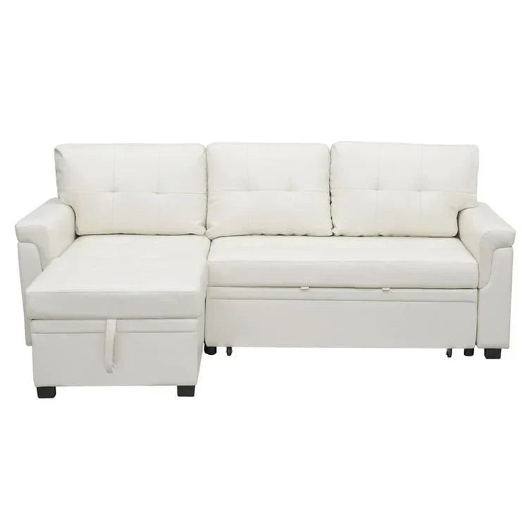Divano componibile reversibile trasformabile con letto estraibile, chaise longue con contenitore nascosto e gambe resistenti