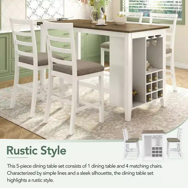 Ensemble de salle à manger de style maison de campagne 5 pièces, hauteur comptoir, avec chaises pour 4 personnes, table rectangulaire en bois avec étagères de rangement et compartiment pour bouteilles de vin
