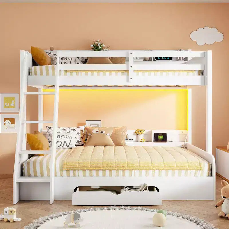 Twin over Full Bunk Bed with Storage, LED Lights & Charging Station, Wood Bunked Bed Beside Shelves for Kids & Teens