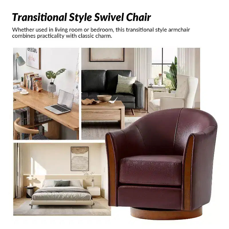 Juego de 2 sillones giratorios tipo barril Pocono de cuero genuino, de estilo transicional, con base de madera maciza, Artful Living Design