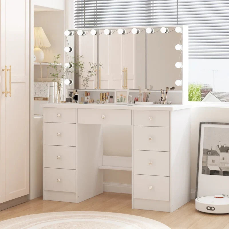 Luksusowa toaletka do makijażu LED z 9 szufladami, elegancka stacja do makijażu