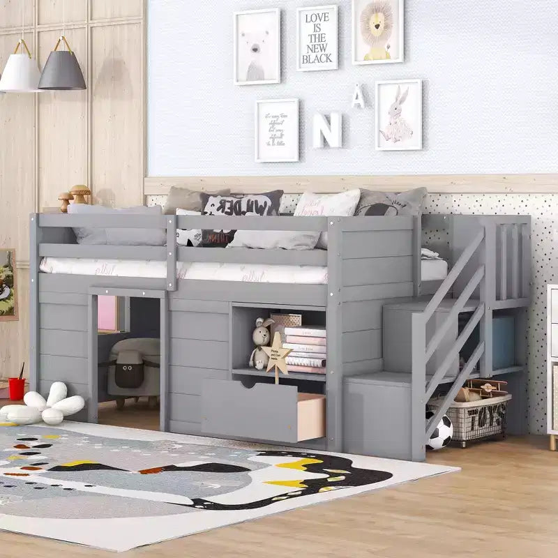 Okak Solid Wood Twin Loft Bed with Stairs & Storage,Low Profile Bunk Beds Twin with Drawers & Shelves,Multi-Functional Loft Beds for Kids,Teens