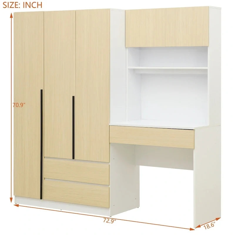 3-in-1 Wardrobe Closet with Vanity Desk, Desk Set, Bedroom Armoire with 2 Drawers 3-Door Storage Desk Wardrobe