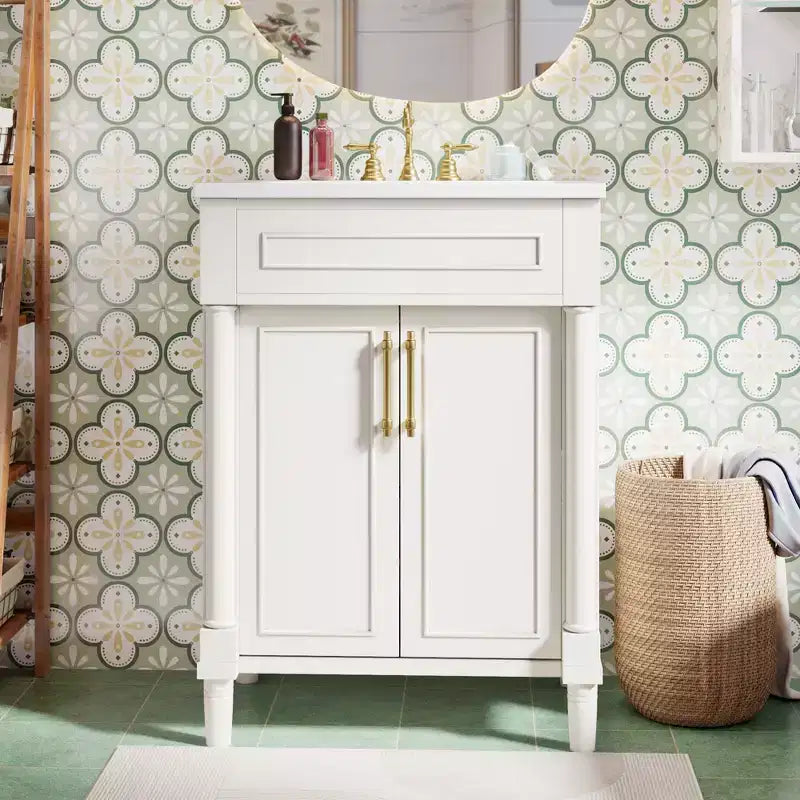 24 Bathroom Vanity with Ceramic Sink, Shaker Cabinet, 2 Soft-Close Doors, Solid Wood Frame for Small Bathroom or Powder Room