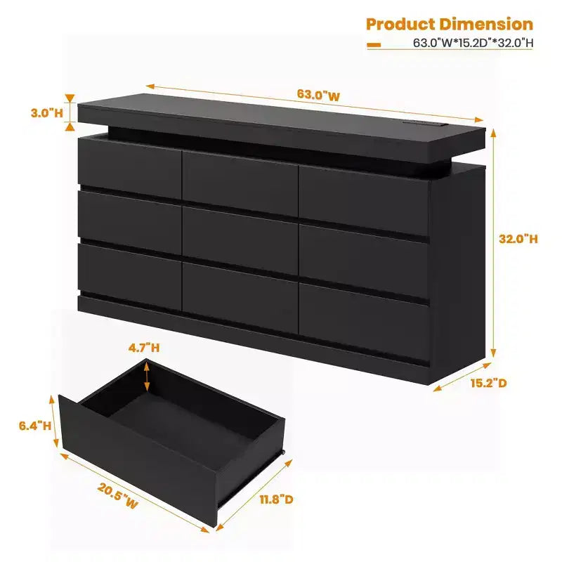 Kommode mit 9 Schubladen fürs Schlafzimmer, Schubladenschrank mit Ladestation und LED-Leuchten, doppelter Holzschrank zur Aufbewahrung, moderne Kommode und TV-Ständer