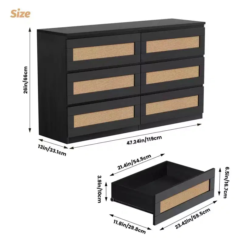 Rattan-Kommode fürs Schlafzimmer mit 6 Schubladen, 119 cm breite moderne Kommode im Landhausstil, Holzschrank mit Stauraum-Organizer für Kleiderschrank, Wohnzimmer und Flur
