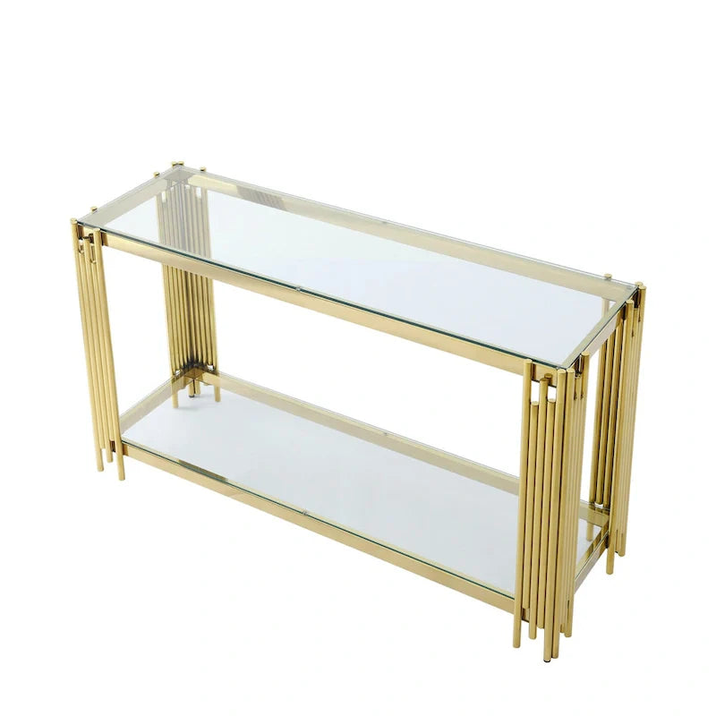 Console étroite à 2 niveaux avec structure en métal finition dorée et plateau en verre trempé
