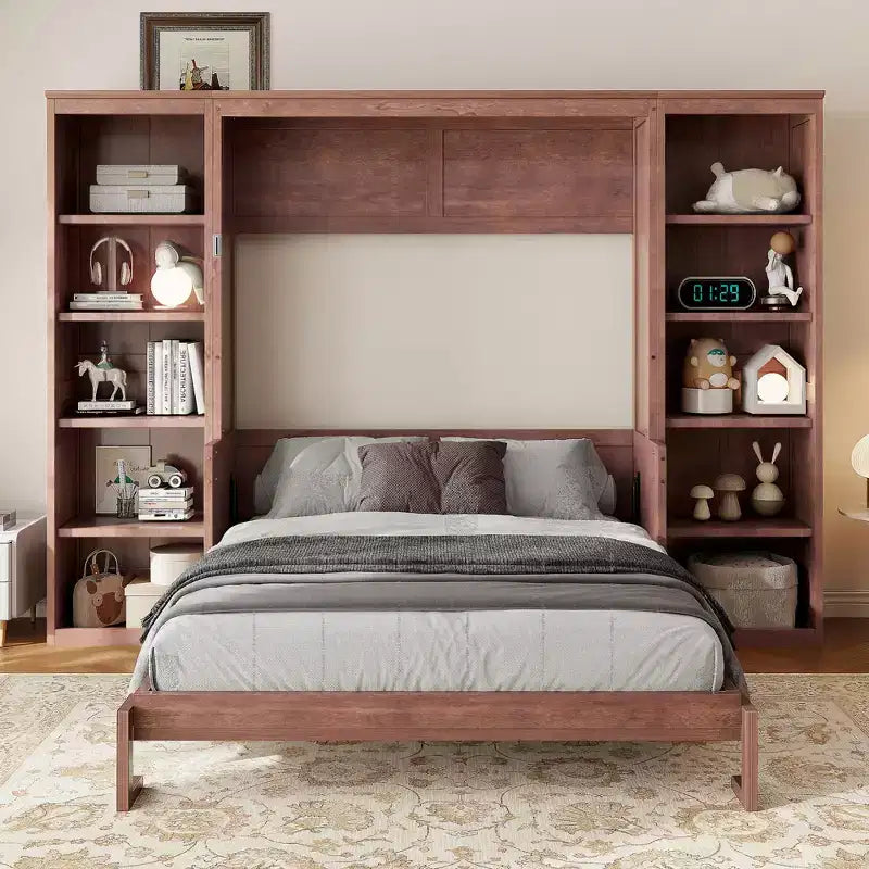 Letto a scomparsa Murphy matrimoniale/queen salvaspazio con scrivania e libreria, marrone scuro - ModernLuxe